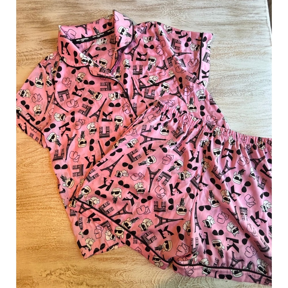 Karl Lagerfeld Small Pajama Set Womens Pink Paris Graphic Short Sleeve PJ Set - Picture 2 of 7